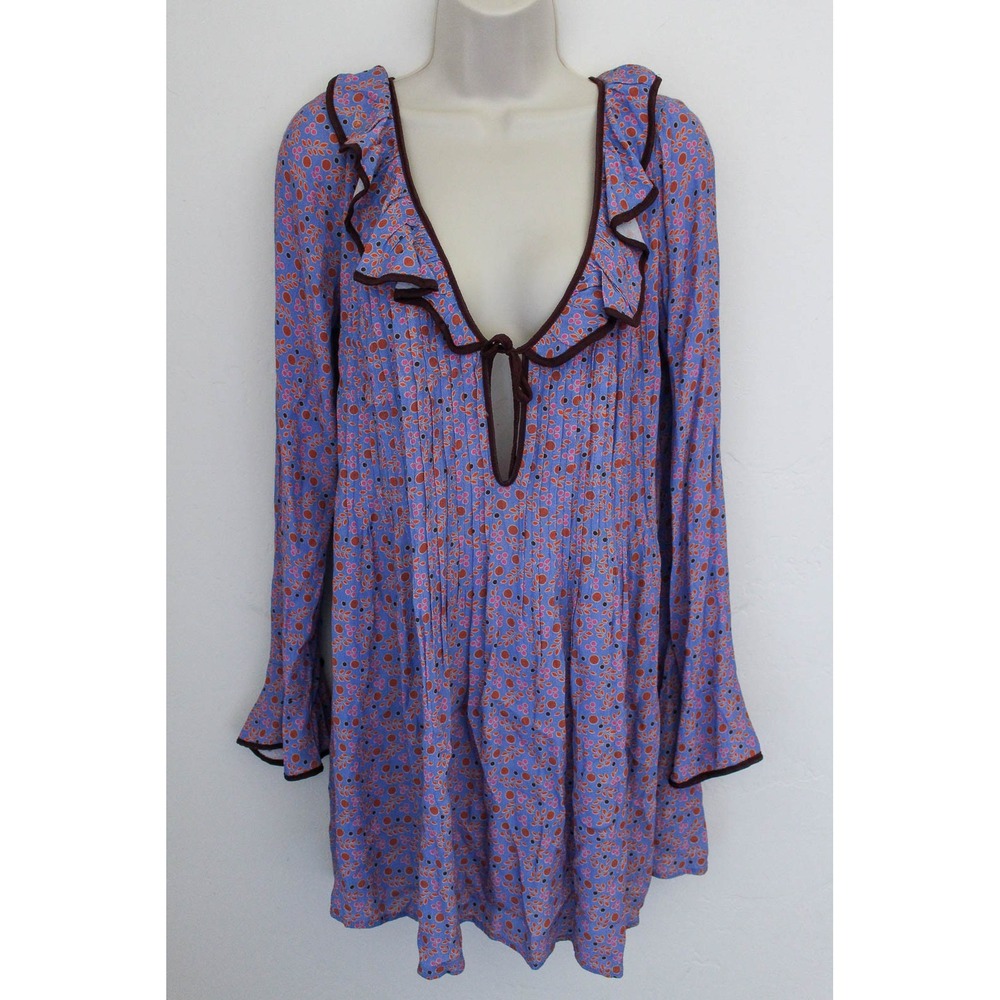 Free People Mini Dress Small Purple Floral Pullover Ruffle Relaxed Blossom Baby